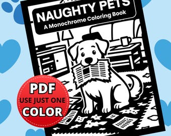 Monochrome Coloring Book Pages, one color coloring, Cute Naughty Pets Illustration Designs, One Color Printable Sheets PNG PDF