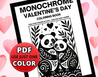 Valentine Animal Coloring Book, Monochrome Printable Pages (PDF PNG)