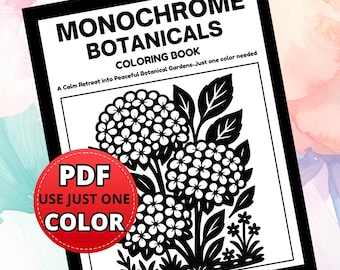 Monochrome Botanical Coloring Book, Floral Nature Illustration Designs (PDF Download)