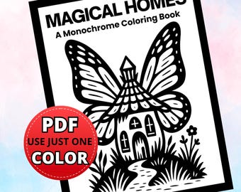 Magical Homes Coloring Book, Fairy Mushroom Cottage Illustrations (PDF Download)