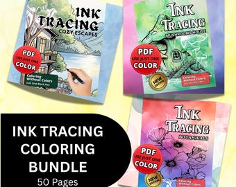 May include: A bundle of Ink Tracing coloring books. The covers feature illustrations of a house, mushrooms, and flowers. Each book has a red circle with the text "PDF USE JUST ONE COLOR". The bundle includes 50 pages.