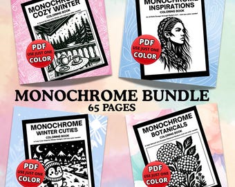 Monochrome Coloring Book Pages, Winter Scenes, Botanical and Modern Art Coloring Bundle, (PDF PNG)