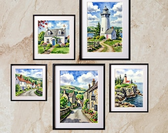 Watercolor English Countryside Wall Art Set — 5 Printable Prints | Landscape Decor | DIGITAL DOWNLOAD