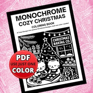 Monochrome Coloring Book Pages, Cozy Christmas Illustration Designs, One Color Printable Sheets PDF PNG