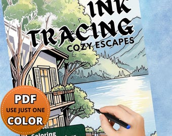 ink tracing coloring| one color coloring – 35 Cozy Illustrations (PDF Download)