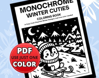 Monochrome Coloring Book Pages, Winter Hygge Illustration Designs, One Color Printable Sheets PDF PNG