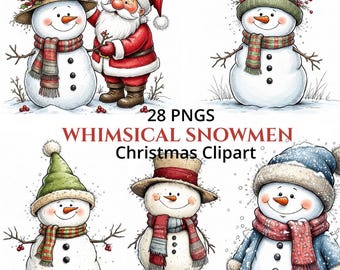 Whimsical Snowman Christmas Clipart: Festive Holiday Clipart (Digital Download - 28 PNGs)