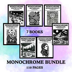 Puede incluir: Un conjunto de siete libros para colorear monocromáticos con ilustraciones en blanco y negro. Los títulos incluyen "Winter Cuties", "Botanicals", "Woodland Beauty", "Valentine's Day", "Cozy Winter", "Inspirations" y "Landscape". El conjunto se etiqueta como "Monochrome Bundle" y contiene 110 páginas.