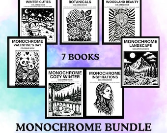 Monochrome Coloring Book Bundle, Animals, Botanical, Landscape (PDF PNG)