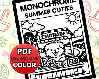 Monochrome Coloring Book Pages, Cute Hygge Animals Summer Designs, One Color Printable Sheets (PDF Download)