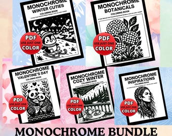 Monochrome Coloring Book Bundle, Winter, Botanical (PDF PNG)