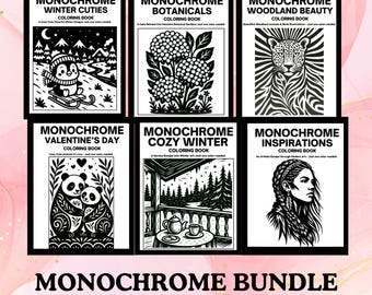 Monochrome Coloring Book Bundle, Botanical, Winter, Valentine's (PDF PNG)