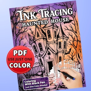Peut inclure: Une page de coloriage numérique intitulée Ink Tracing Haunted House présentant une illustration au trait détaillée d'un manoir de style victorien avec des chauves-souris et des arbres. Un badge rouge indique PDF USE JUST ONE COLOR.