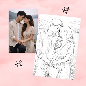 Op de afbeelding: Een afbeelding met een foto en een zwart-wit illustratie van een stel. De foto toont een man en vrouw in neutrale kleding, bij water. De illustratie toont het stel in een vergelijkbare pose, met een landschapsachtergrond.