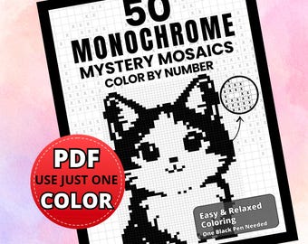 50 Monochrome Pixel Art Coloring Pages, Mystery Mosaics (PDF Download)