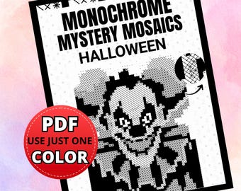Mosaici misteriosi monocromatici, pagine da colorare di pixel art per Halloween (download PDF)