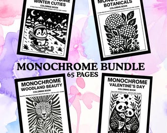 Monochrome Coloring Book Bundle, Winter, Botanical, Valentine, Woodland (PDF PNG)