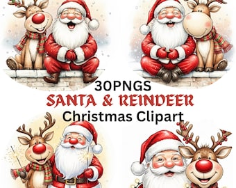 Santa & Reindeer Christmas Clipart: Festive Holiday Graphics (Digital Download - 30 PNGs)