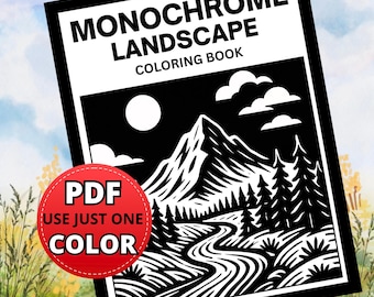 Monochrome Landscape Coloring Book, Nature Illustrations (PDF PNG Downloadable Pages)