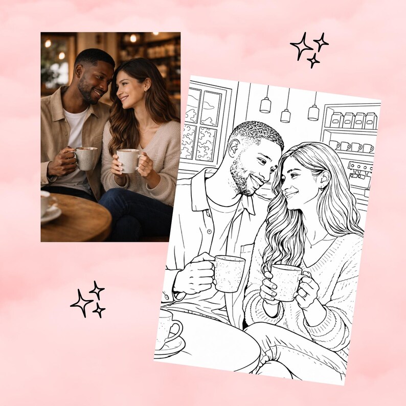 Op de afbeelding: Een kleurenfoto en een zwart-wit lijntekening van een stel in een caf&eacute;. Beide afbeeldingen tonen een man en een vrouw die mokken vasthouden en elkaar aankijken. De kleurenfoto toont het stel in kleding met neutrale tinten. De tekening is een kleurplaat.