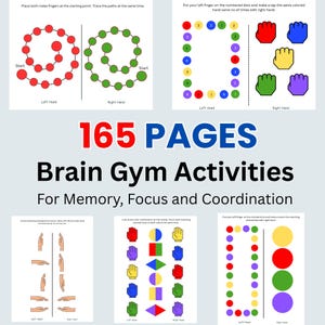 Può includere: Una raccolta di 165 pagine di attività di Brain Gym per la memoria, la concentrazione e la coordinazione. Il documento presenta vari esercizi tra cui il tracciamento di spirali, il tocco di punti numerati e sequenze di forme colorate.