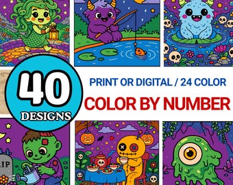 Spooky Color by Number Book, 40 Eerie Designs (Printable PNG & PDF Digital Download
