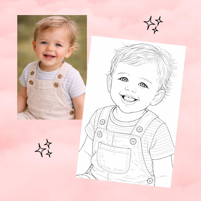 Op de afbeelding: Een kleurenfoto en een zwart-wit lijntekening van een lachende baby. De baby op de foto heeft blond haar en blauwe ogen, draagt een gestreept shirt en een beige tuinbroek. De tekening toont dezelfde baby.