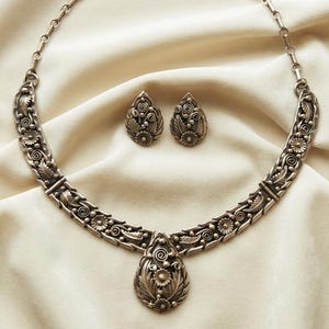 Vintage Fred Adakai 62g sterlingsilverhalsband och örhängen med blommotiv