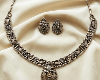 Vintage Fred Adakai 62g Sterling Silver Floral Necklace and Earring Set