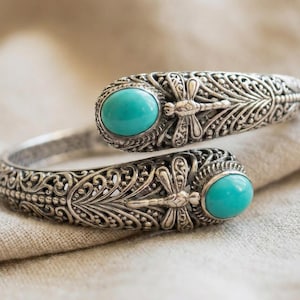 Pulseira Bela Adormecida Turquesa Prata de Lei 925 com Filigrana Balinesa Libélula