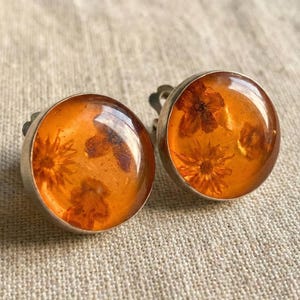 Vintage Mexico Sterling Silver Orange Resin Real Dried Flower Clip On Earrings