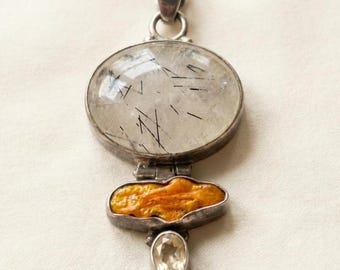 Vintage Sterling Silver Articulated Totem Pendant Tourmalinated Quartz Amber & Citrine
