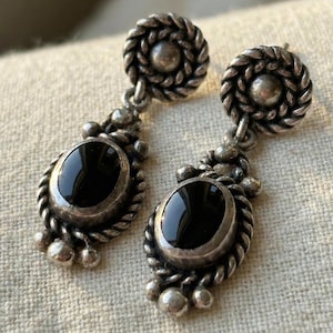 Vintage Sterling Silver Black Onyx Rosette Dangle Earrings Southwestern Boho