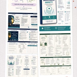 Puede incluir: Una colección de materiales educativos para adolescentes, que incluyen guías sobre estrategias de afrontamiento, comprensión de la ansiedad y manejo del estrés. Los materiales presentan diseños y textos coloridos, con títulos como "Coping Strategies for Teens" y "Understanding Anxiety."