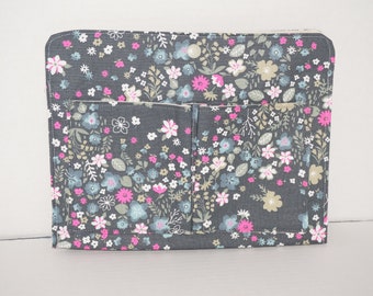 Sectioned Pockets / Bag in Bag / Bag Organizer with Exterior Pockets Made with Japanese Cotton Fabrics "Neon Flowers - Charcoal Blue"