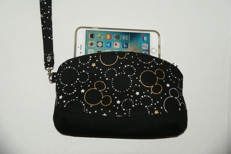 Medium Clematis Padded Zipper Wristlet Pouch Made with Japanese Cotton Oxford Fabric Mickey Star Silhouette Size