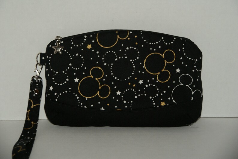 Medium Clematis Padded Zipper Wristlet Pouch Made with Japanese Cotton Oxford Fabric Mickey Star Silhouette Size