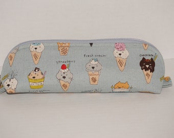 Padded Wide Open Pencil Case / Zippered Pouch Made with Japanese Cotton Linen Fabric "Ice Cream Cats - Blue Gray"