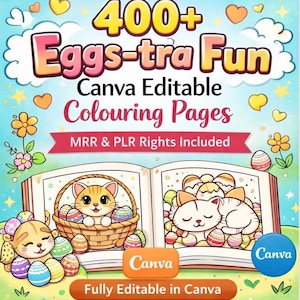 Può includere: Una copertina di libro colorata con il testo "400+ Eggs-tra Fun Pagine da colorare" con gatti dei cartoni animati e uova di Pasqua. La copertina include il testo "Canva Editable" e "MRR & PLR Rights Included."