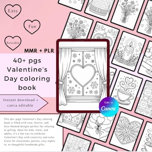 Peut inclure: Un livre de coloriage numérique pour la Saint-Valentin, avec un design de fenêtre en forme de cœur sur une tablette. Le livre contient plus de 40 pages de dessins sur le thème de l'amour. Les mots "Facile", "Amusant" et "Réutilisable" sont visibles.