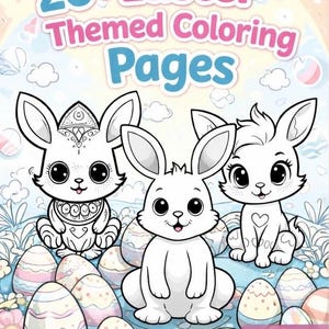 May include: A coloring book cover with the text "20+ Easter-Themed Coloring Pages." Features three cartoon bunnies and decorated Easter eggs. The background is pastel colors with clouds and flowers. The bottom right corner has a pink banner with the text "MMR & PLR RIGHTS."