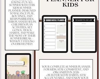 Planejador de Verão Infantil para Imprimir, Cronograma e Tabela de Atividades de Verão para Crianças, Planejador de Rotina de 36 Páginas em PDF, Download Digital