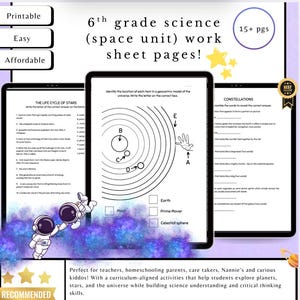 May include: A set of printable 6th-grade science worksheets on space, featuring the life cycle of stars, constellations, and a geocentric model. The pages are designed to be easy and affordable, with a recommended rating.