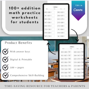 May include: Digital math practice worksheets for students, featuring addition problems. The image shows two tablets displaying worksheets with addition problems and answers. The worksheets are designed for students and include over 100 pages with answer keys.