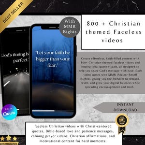 Peut inclure: Publicité pour un produit numérique avec deux smartphones affichant des citations inspirantes. Le texte comprend "800+ vidéos chrétiennes sans visage" et "Téléchargement instantané". Le produit propose des vidéos chrétiennes sans visage avec des citations centrées sur le Christ.