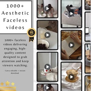 May include: A promotional image featuring a grid of video thumbnails. The text reads "1000+ Aesthetic Faceless videos" and "1000+ faceless videos delivering engaging, high-quality content." A "Best Seller" badge is also visible. The videos showcase lifestyle content.