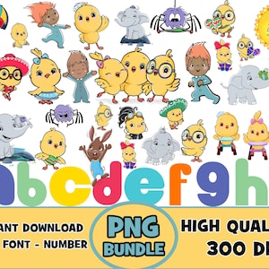 Puede incluir: Un colorido paquete digital PNG con personajes de dibujos animados como pollitos, conejos y elefantes, junto con las letras del alfabeto de la a a la i. La imagen también incluye el texto "Instant Download PNG - Font - Number" y "High Quality 300 DPI".