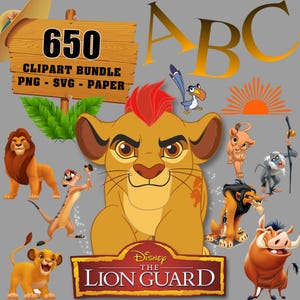 May include: A digital clipart bundle featuring characters from Disney's The Lion Guard. The image includes various characters, the text "650 Clipart Bundle PNG - SVG - Paper", and the Disney Lion Guard logo.