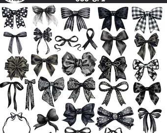 Watercolor Black Bows Ribbon PNG Bundle, Gingham Coquette Bow Clipart, Digital Download