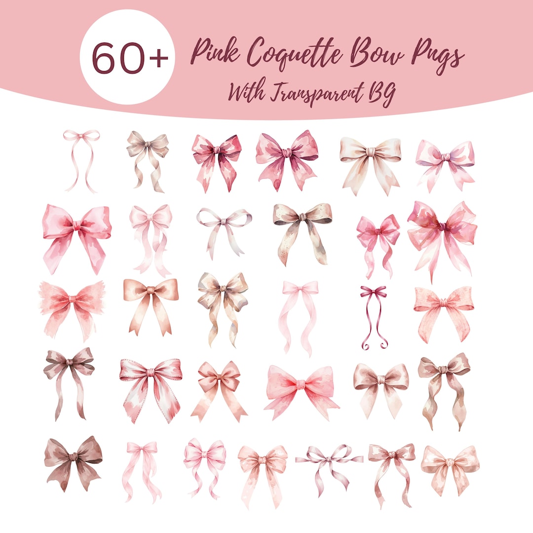 Watercolor Pink Bow Clipart Bundle – Coquette Ribbon PNG Set (digital ...